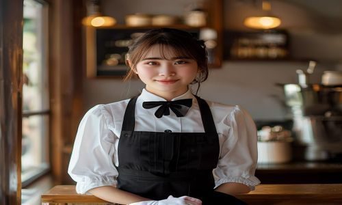 女仆从业者小雪在整洁的女仆咖啡厅内微笑面对镜头，身着传统白色蕾丝女仆服，背景是温暖的店内陈设，低饱和色调体现真实生活质感