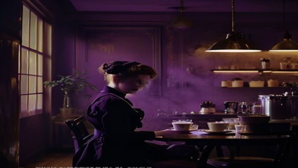 女仆咖啡厅纪录片封面，深紫色调拍摄女仆在昏黄灯光下准备迎宾，画面温柔而充满仪式感，展现女仆不只是工作的文化深度
